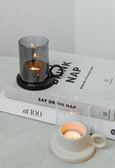 Jens Living | Kandelaar | Windlicht | Theelichthouder | Zwart | Porselein | Glas